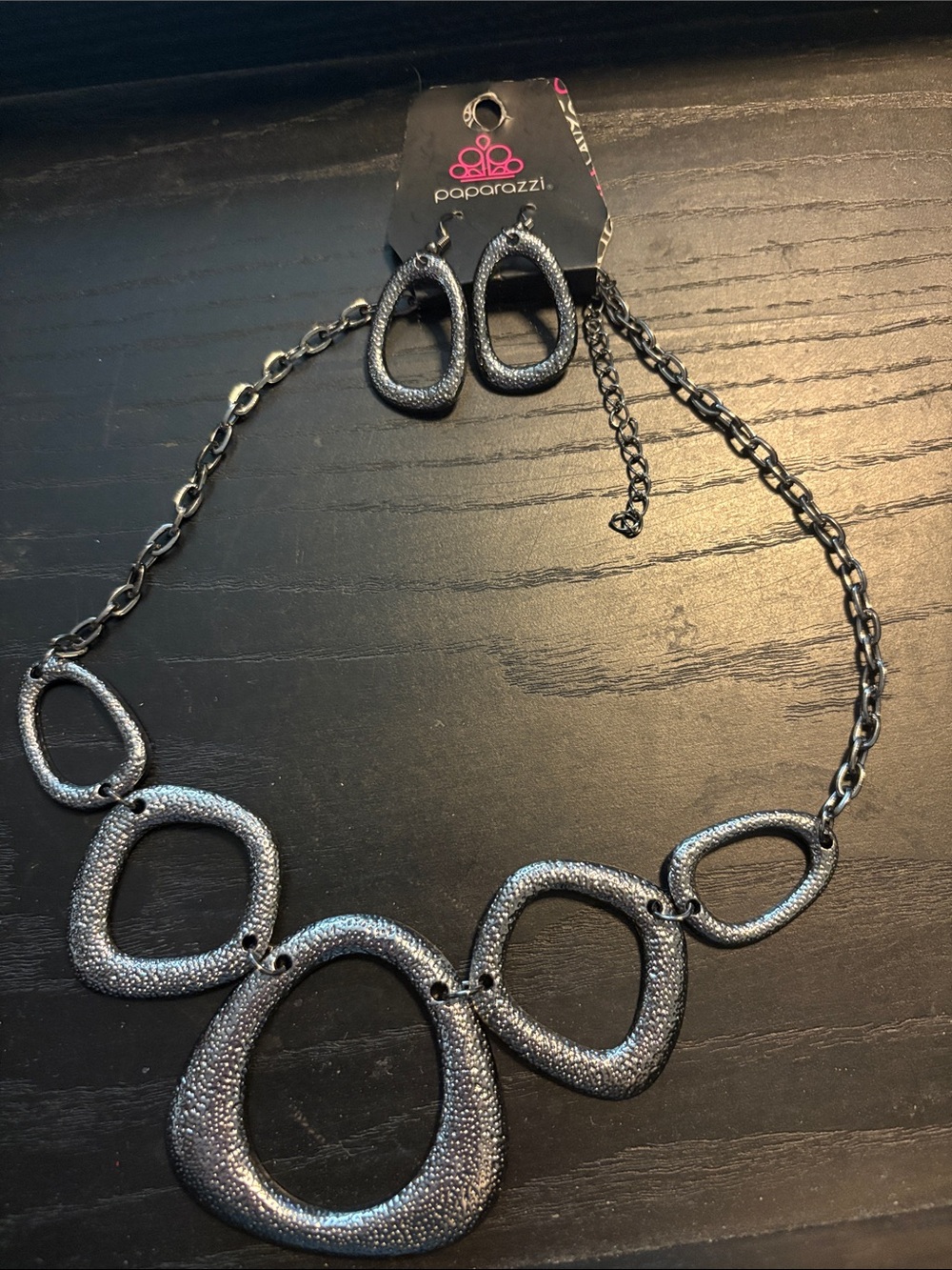 Paparazzi Metallic Gunmetal Textured Open-Link Necklace & Earring Set J12